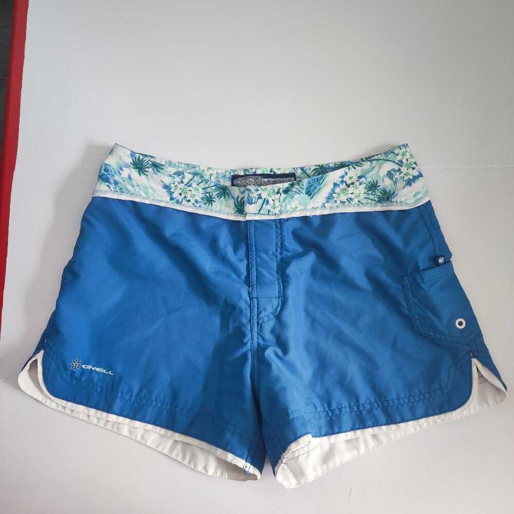 O'Neill beach short muted blue with tropical design women's junior size 7
